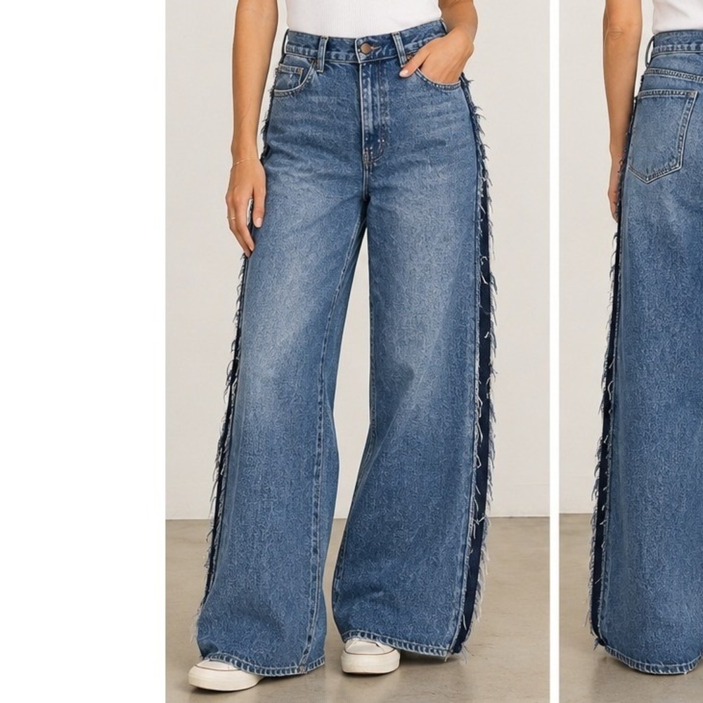 La Ligne High Rise Wide Leg Tuxedo Raw Hem Jeans Blue 34